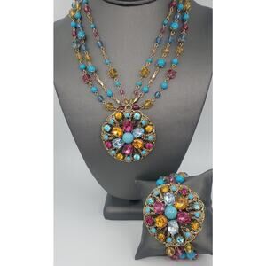 Vintage Triple Strand Medallion Statement Necklace and Stretch Bracelet Set  NOS
